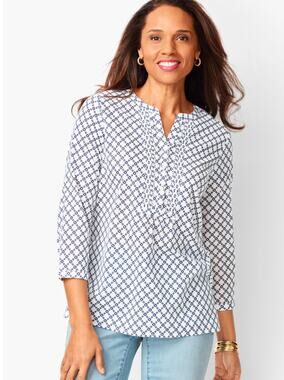 Talbots Womens 2X Navy White Pintuck Popover Diamond Tile 3/4 Sleeve Blouse
